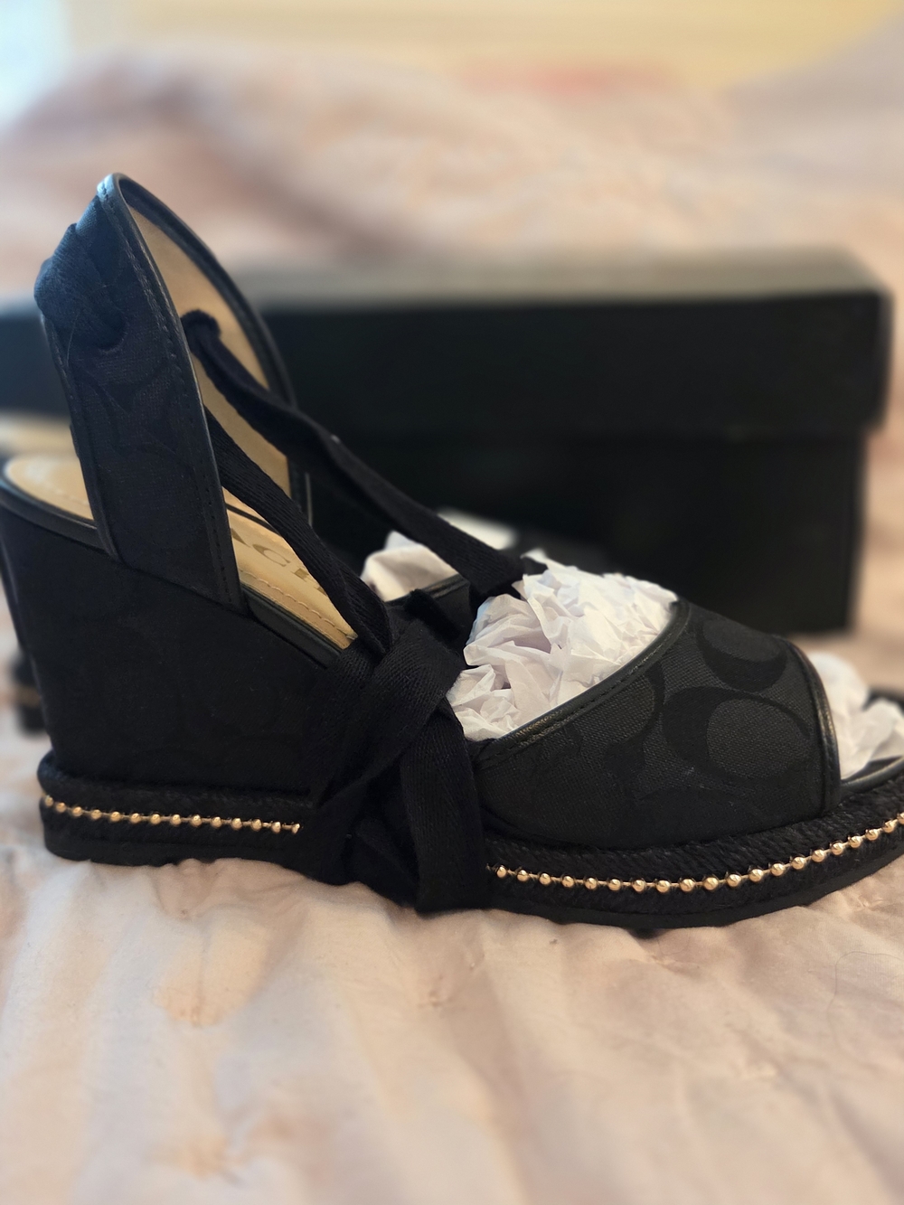 Coach Page Signature Black Logo Espadrille Wedge Sandals with Tie-Strap